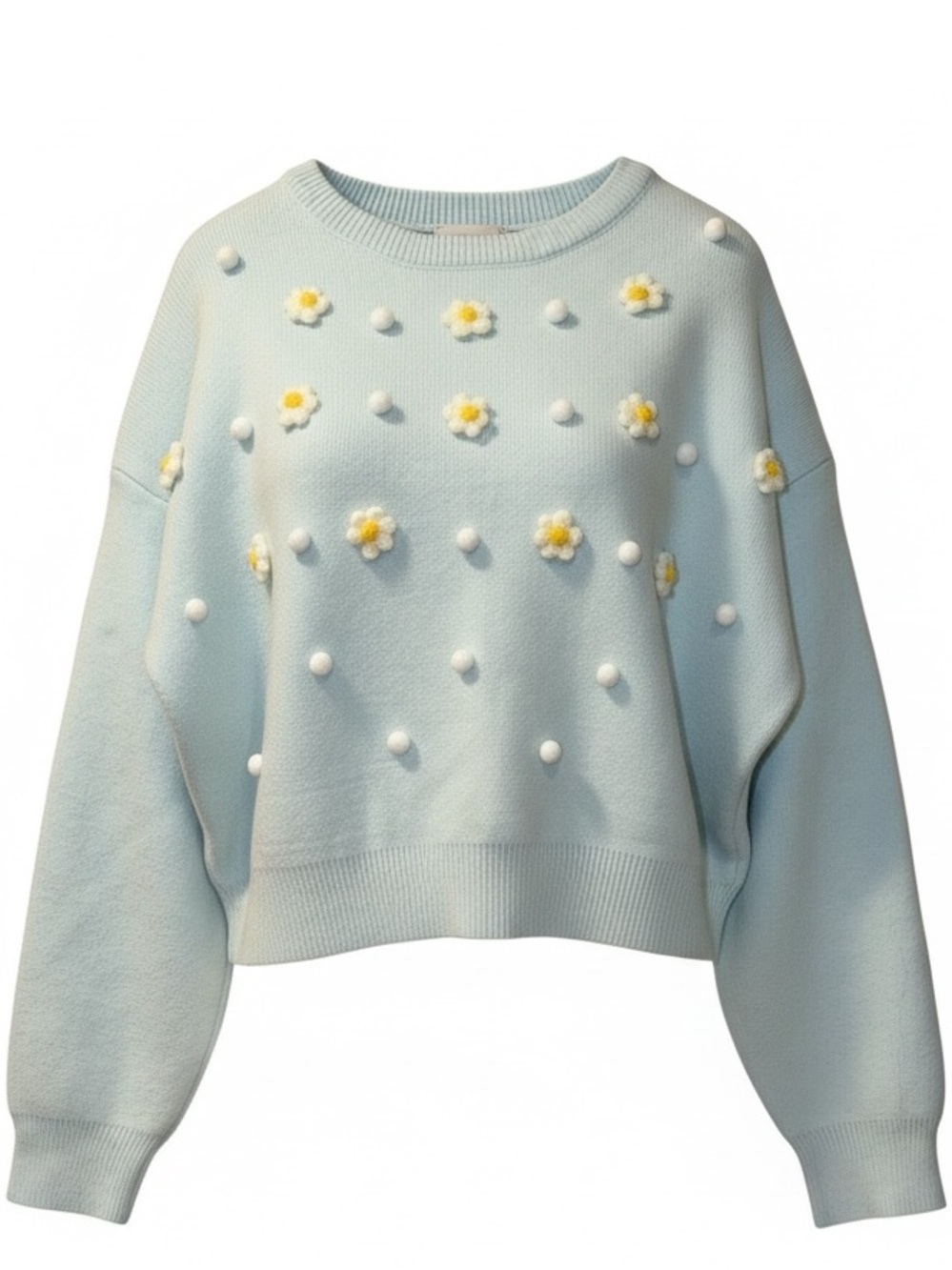 Cider Light Blue Daisy Pom-Pom Crewneck Sweater